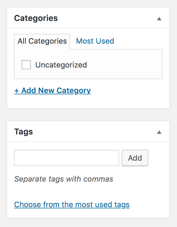 Screen shot of categories and tags menus
