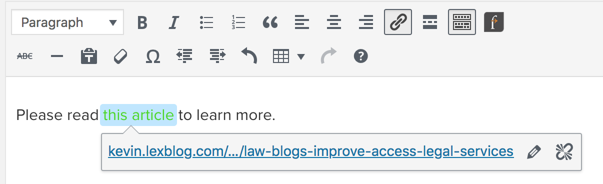 Screen shot of link editing pop up