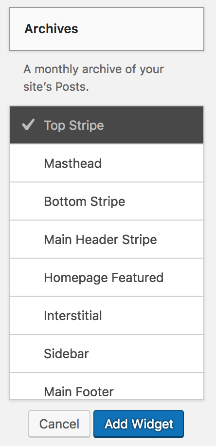 Screen shot of widget sections