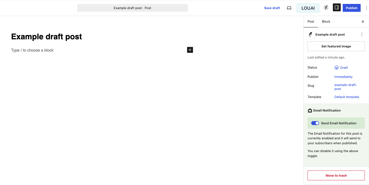 Post editor Email Notification panel with Send Email Notification enabled