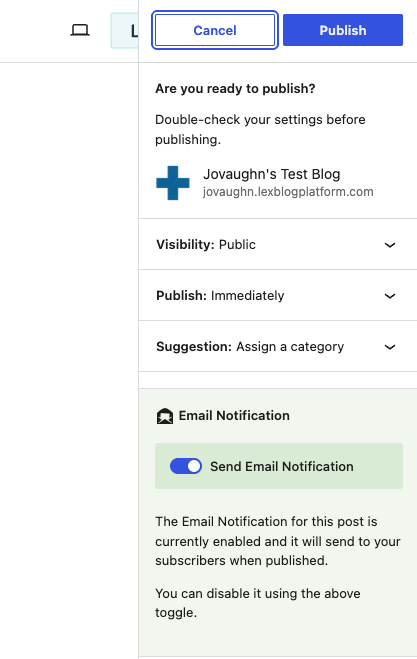 Pre-publish panel with Send Email Notification enabled